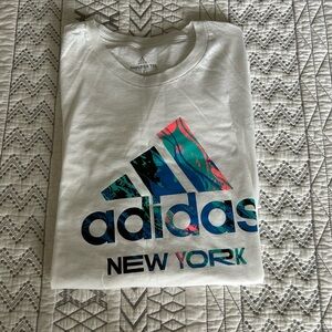 adidas White Tee with Blue and Pink Logo